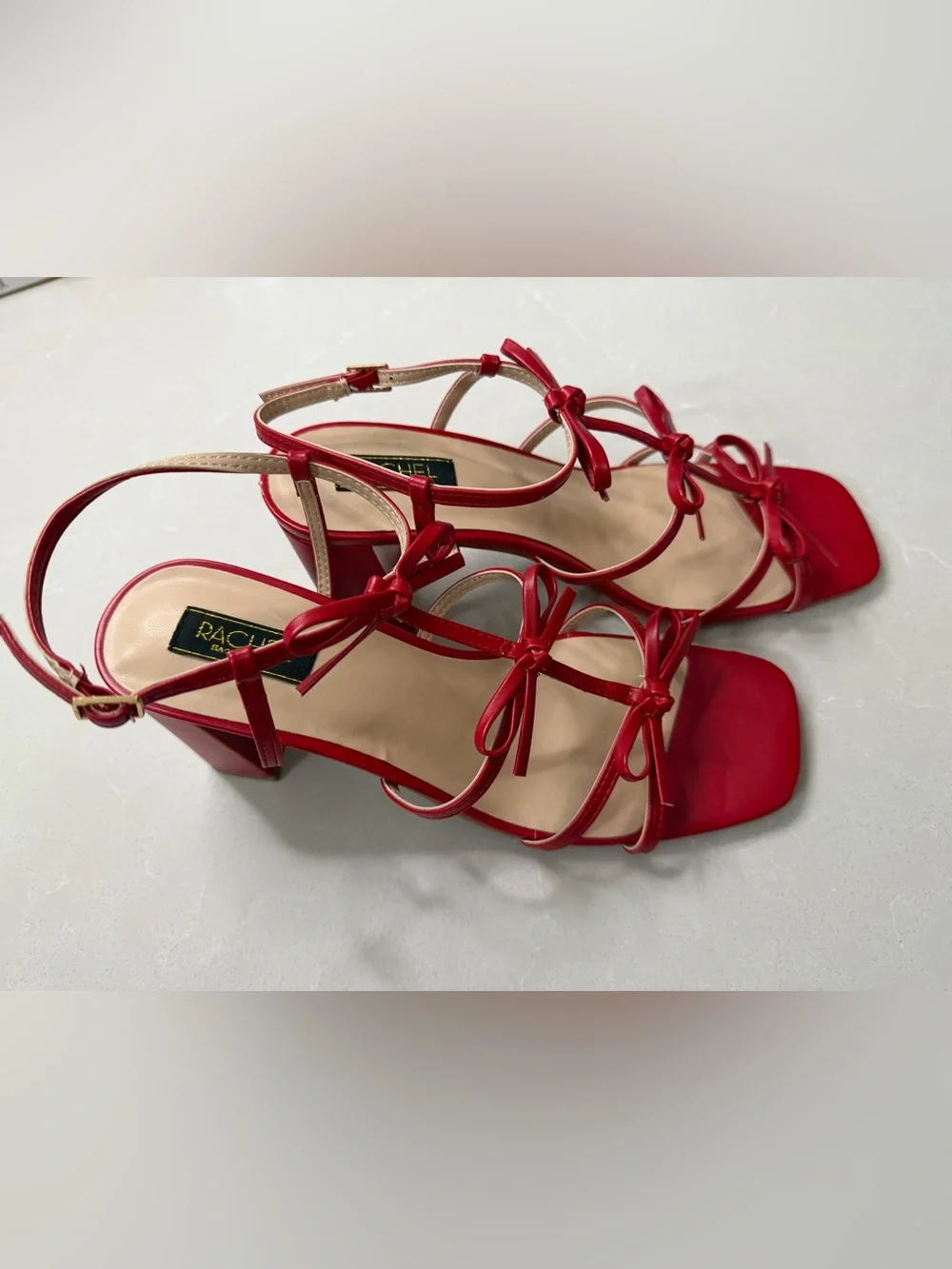 RACHEL Rachel Roy Cologne Bow Block Heel Sandals Red Defect on Heel, Size 9